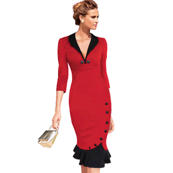 3/4 Sleeve Red New Vintage V neck Dress - Fashion Design Store