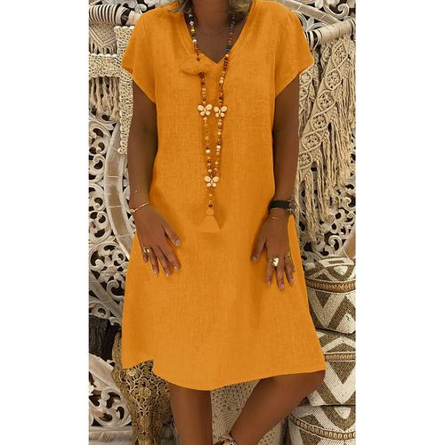 Women Casual Loose Solid Color Short Sleeve Dress - Fashion Design Store