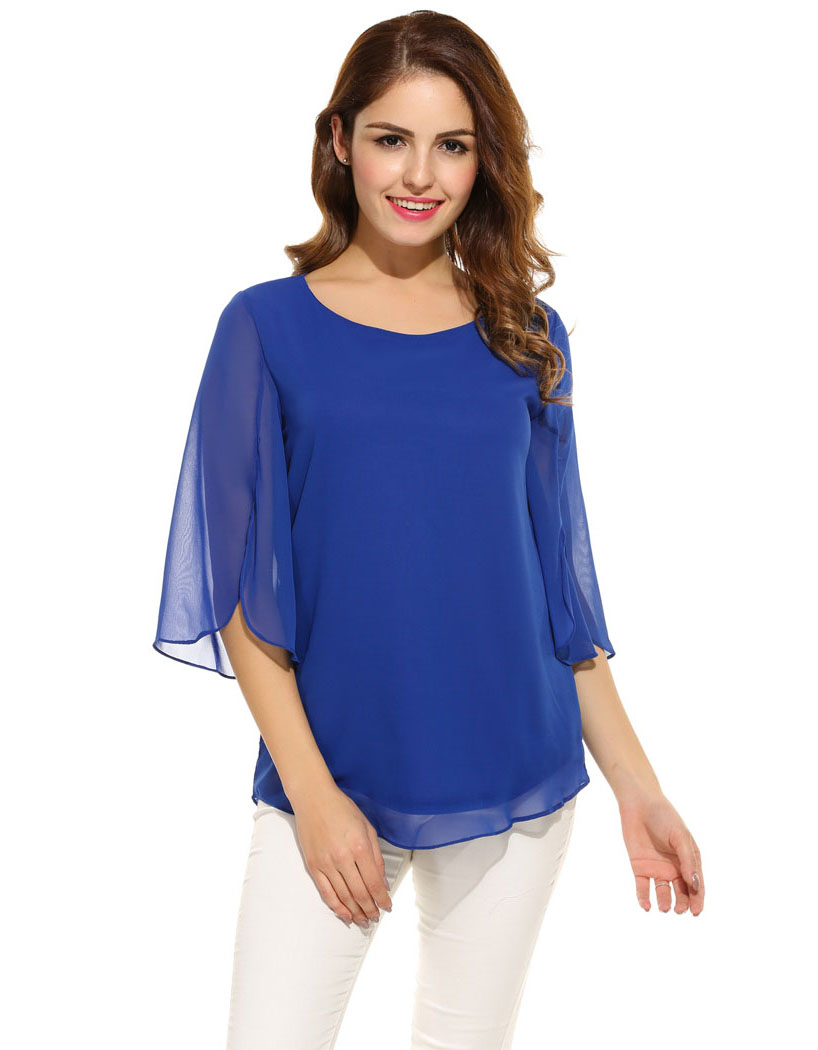 Casual Flare Sleeve O Neck Solid Blouse Fashion Design Store